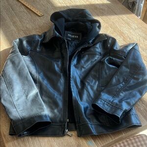 GUESS Black FAUX Leather Jacket with ZIP OUT HoodIE/dickey,zippered chest pocket
